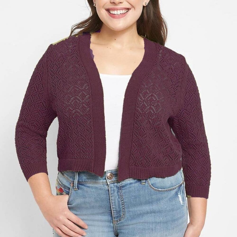 Lane Bryant Open Front Cropped Cardigan Sweater Women's Size 26/28 Wine Cozy Top